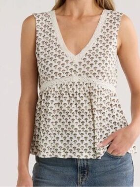 Lucky Brand Cream Patterned V-Neck Tie Back Boho Tank Size XL